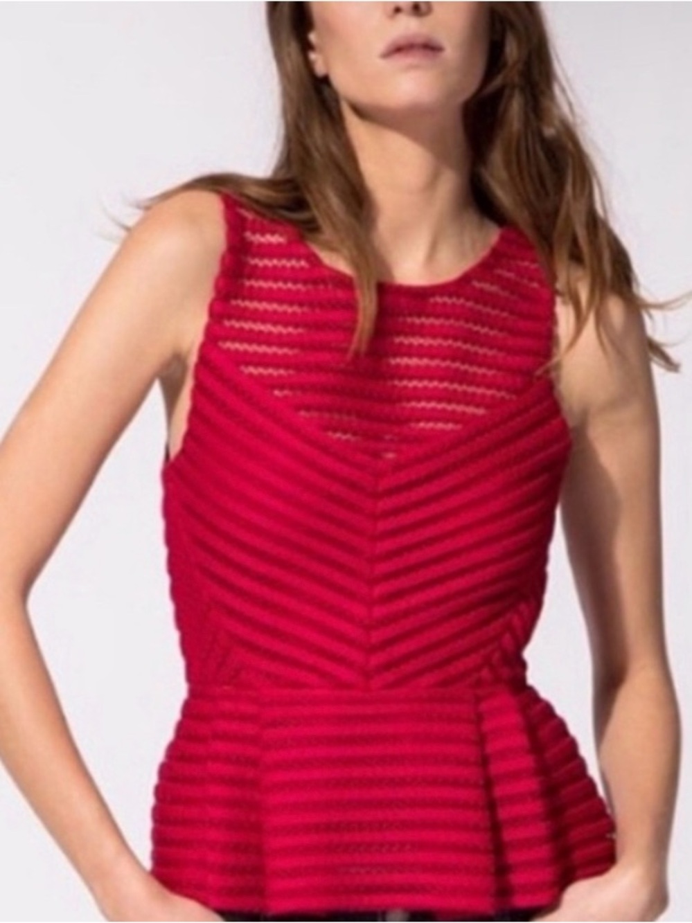 Maje Red Sleeveless Peplum Lace-Striped Top Size 1